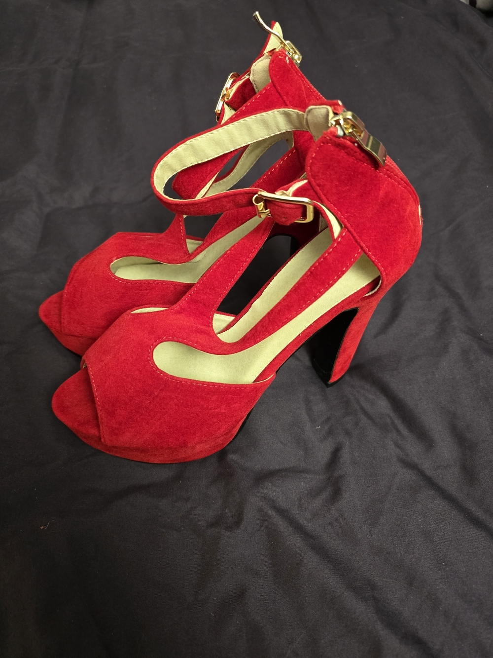 SHEIN Red Suede Peep-Toe Ankle Strap High Heels